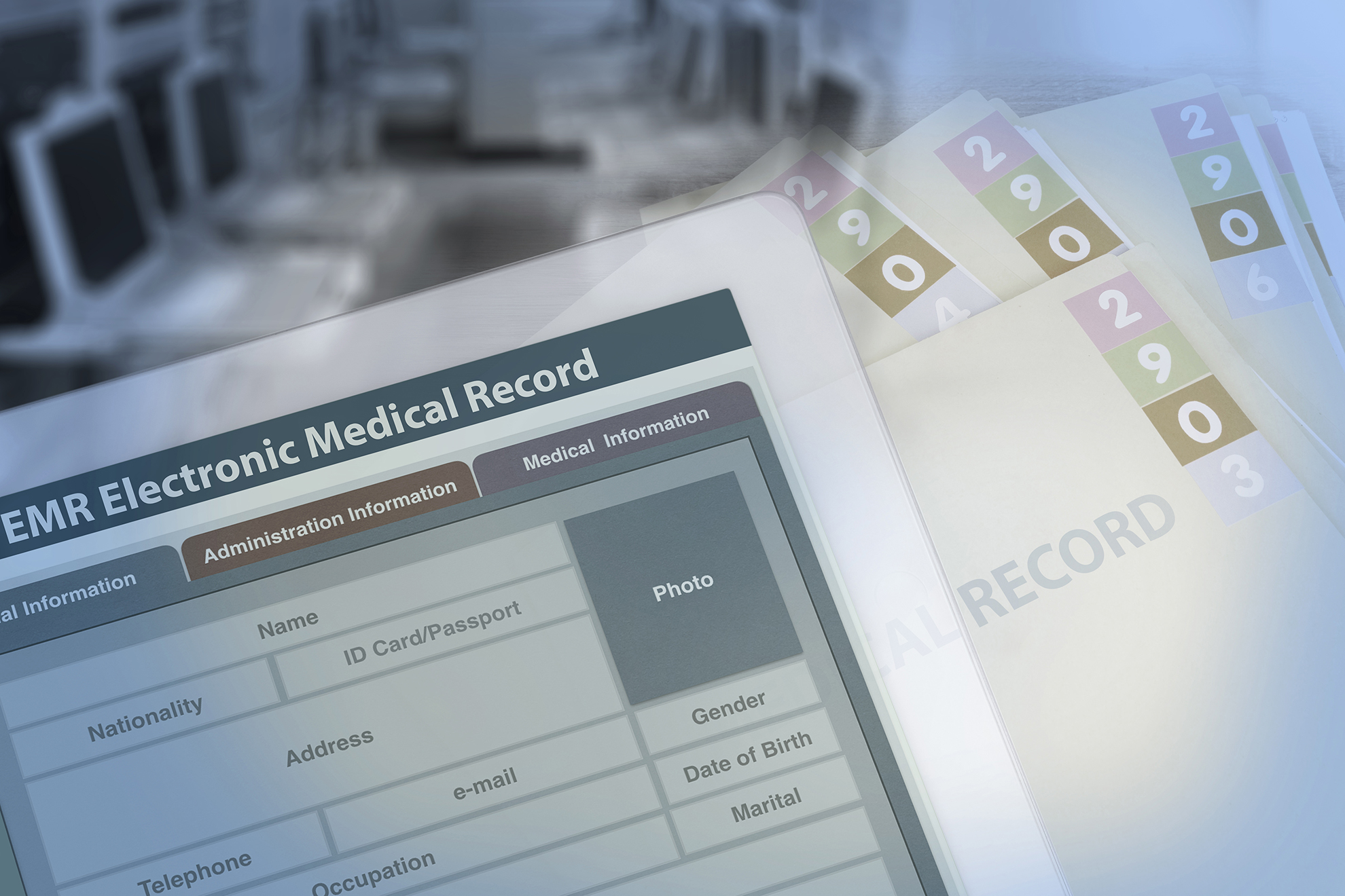 Background photo showing medical record changing from paperwork to electronic medical record. cms-interpo